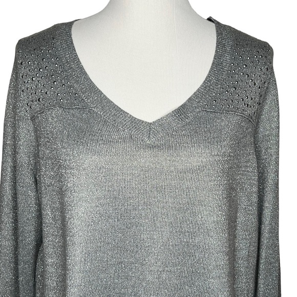 Catherines Silver Gray V Neck Studded Metallic Long Sleeve Sweater Size 0X 16W - Picture 6 of 14